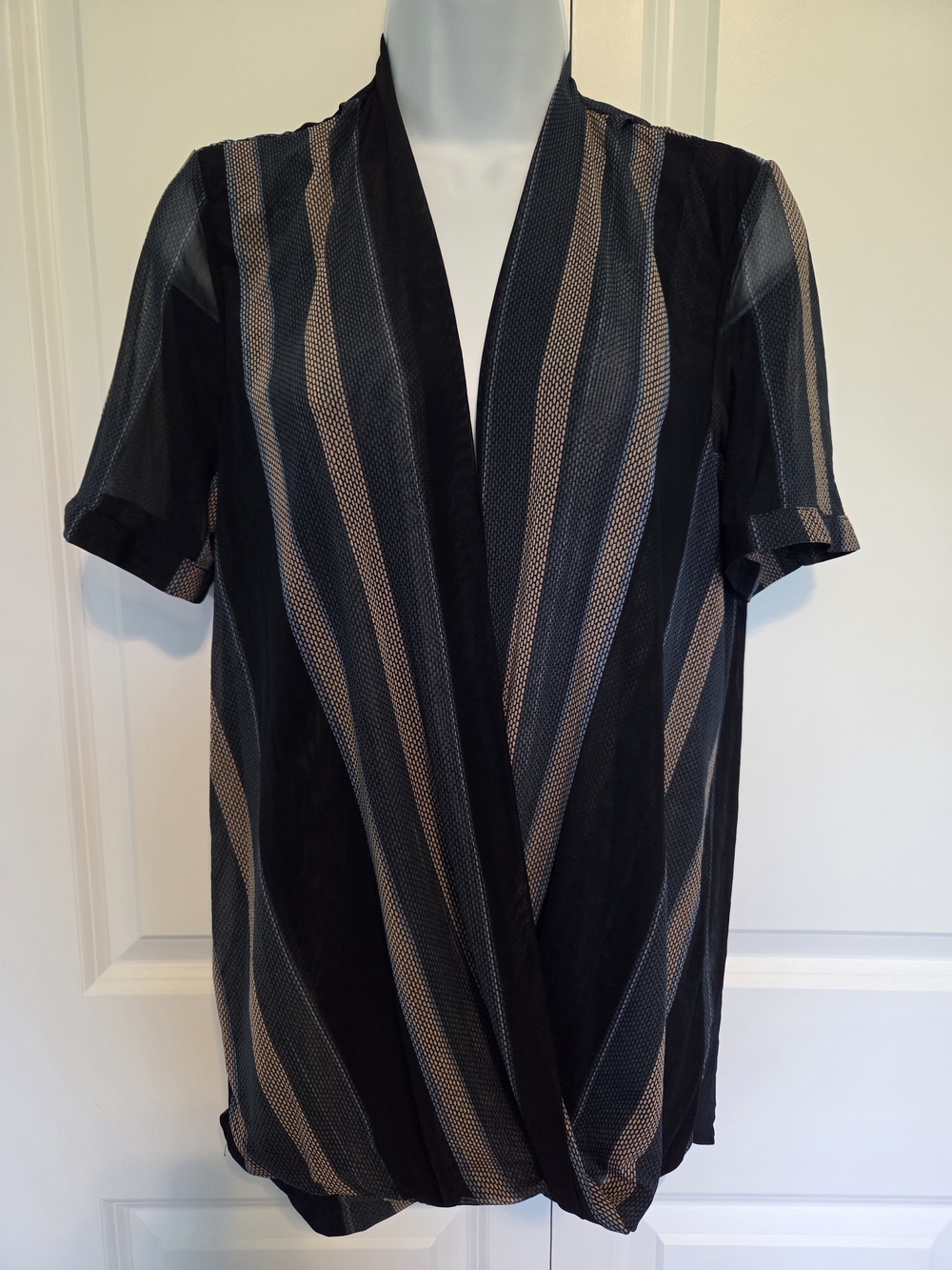 Eden & Olivia Black and Taupe Striped Wrap-Style Blouse